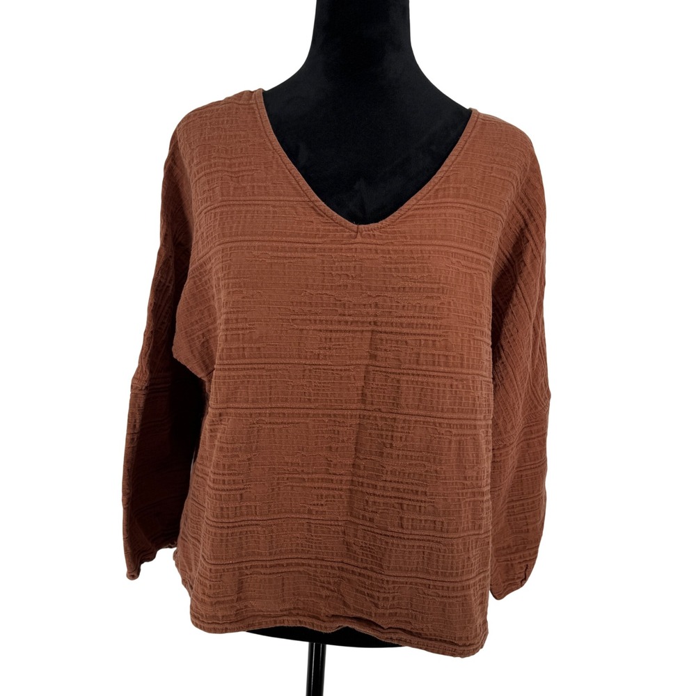 REI Cooperative‎ Womens Textured Long Sleeve Top Brown Size Large Lagenlook Boxy